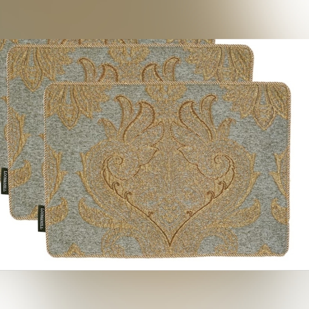 Loom And Mill Luxury Placemats Set Of 2 Classic Blue & Gold Damask Jacquard Mats